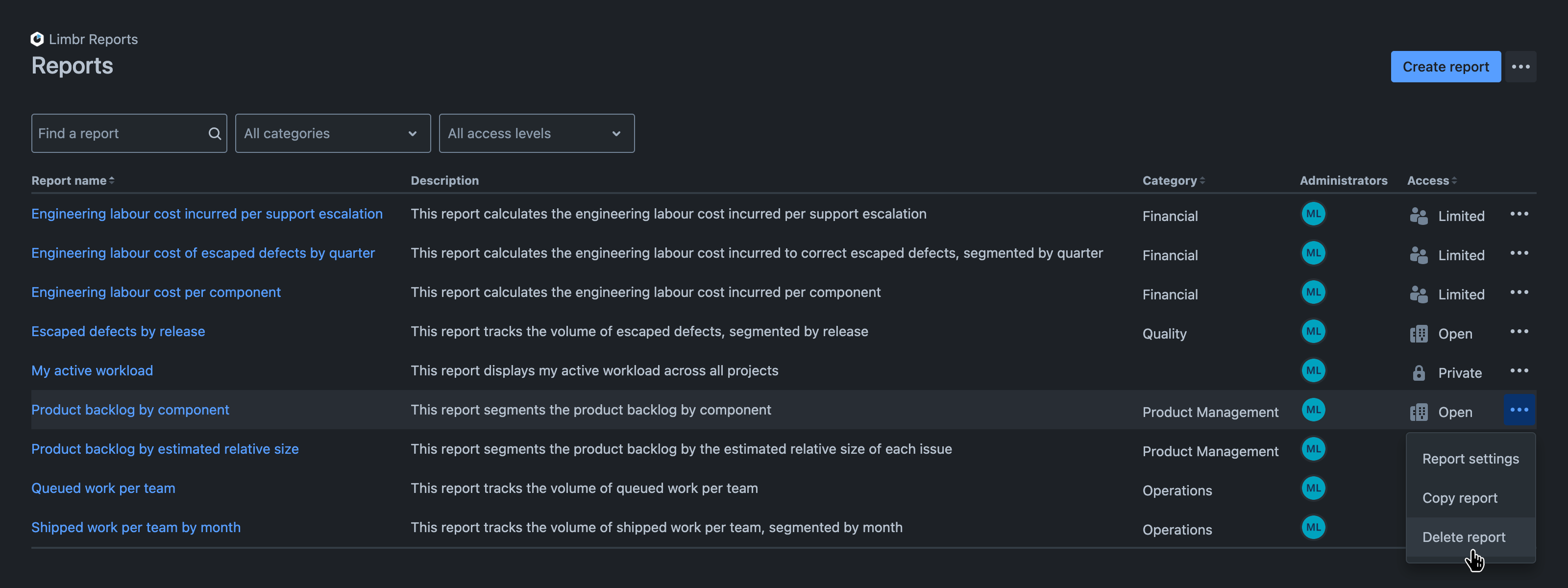 Reports screen displaying a list of reports with the 'More actions' menu open and the 'Delete report' option hovered