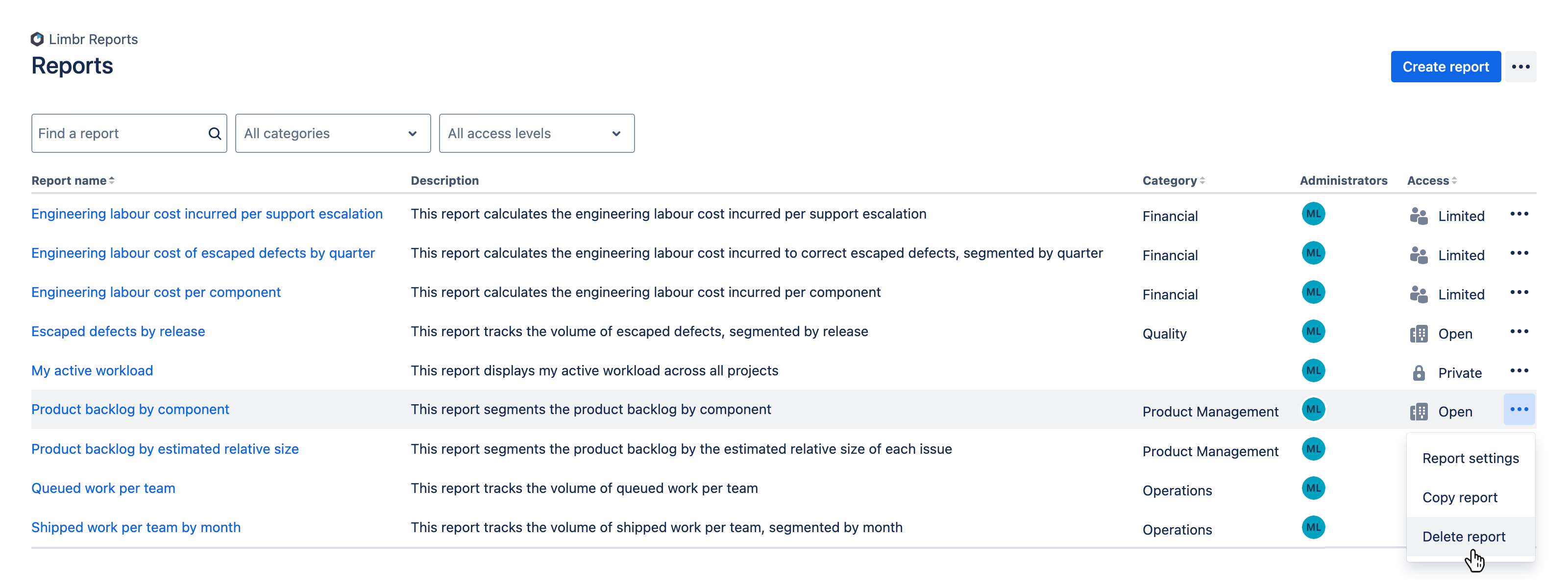 Reports screen displaying a list of reports with the 'More actions' menu open and the 'Delete report' option hovered