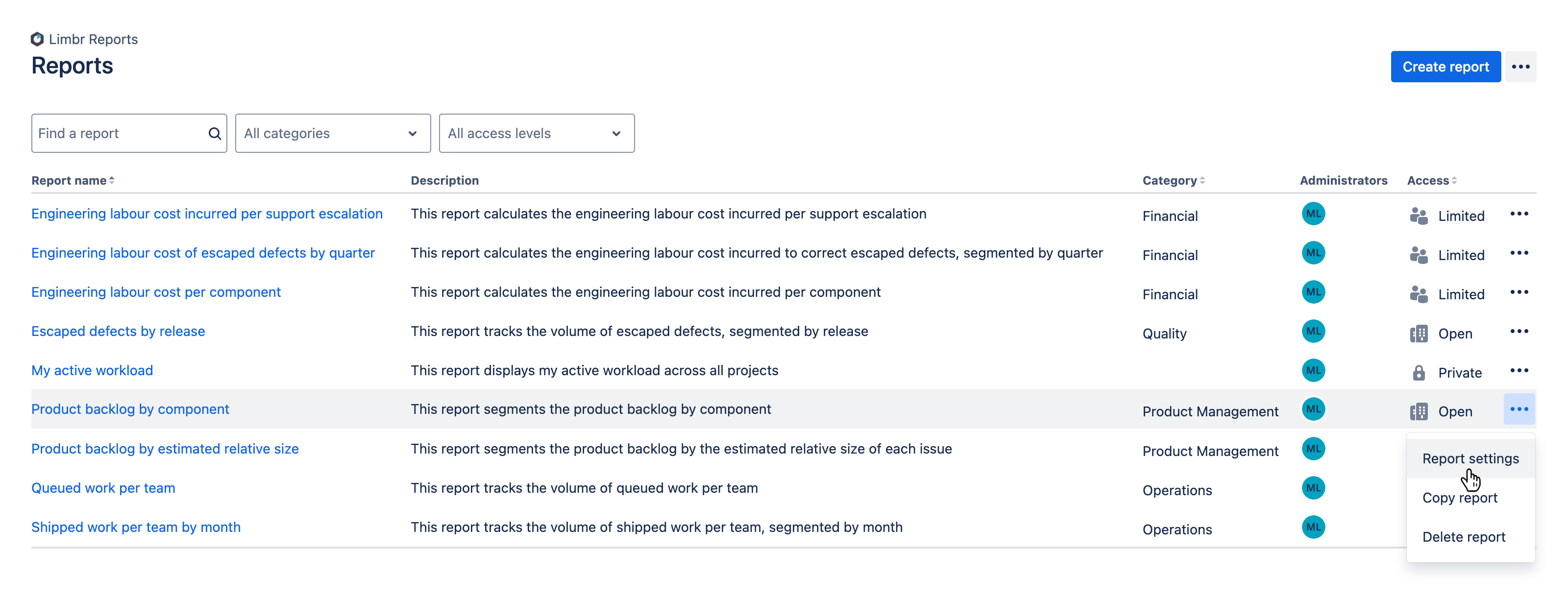 Reports screen displaying a list of reports with the 'More actions' menu open and the 'Report settings' option hovered