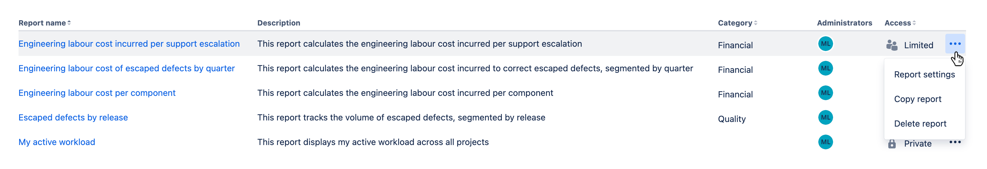 Reports screen displaying a list of reports with the actions menu open for a selected report