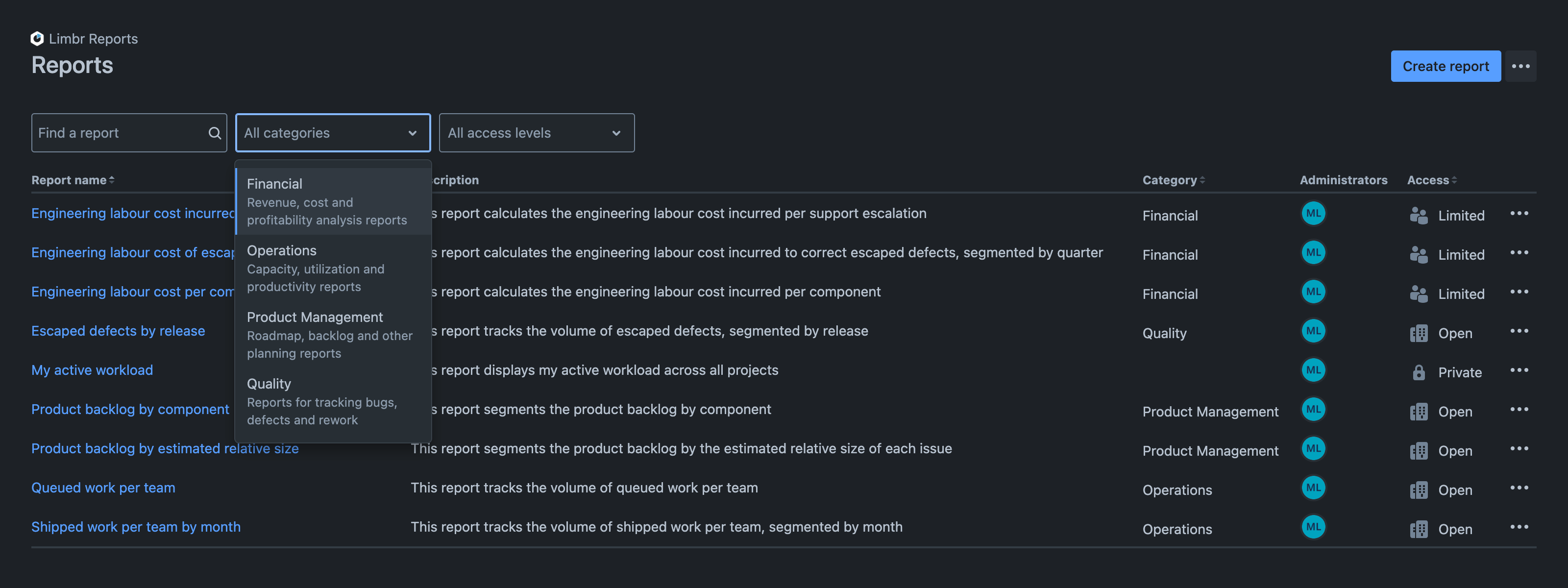 Reports screen displaying a list of reports with the category filter menu open