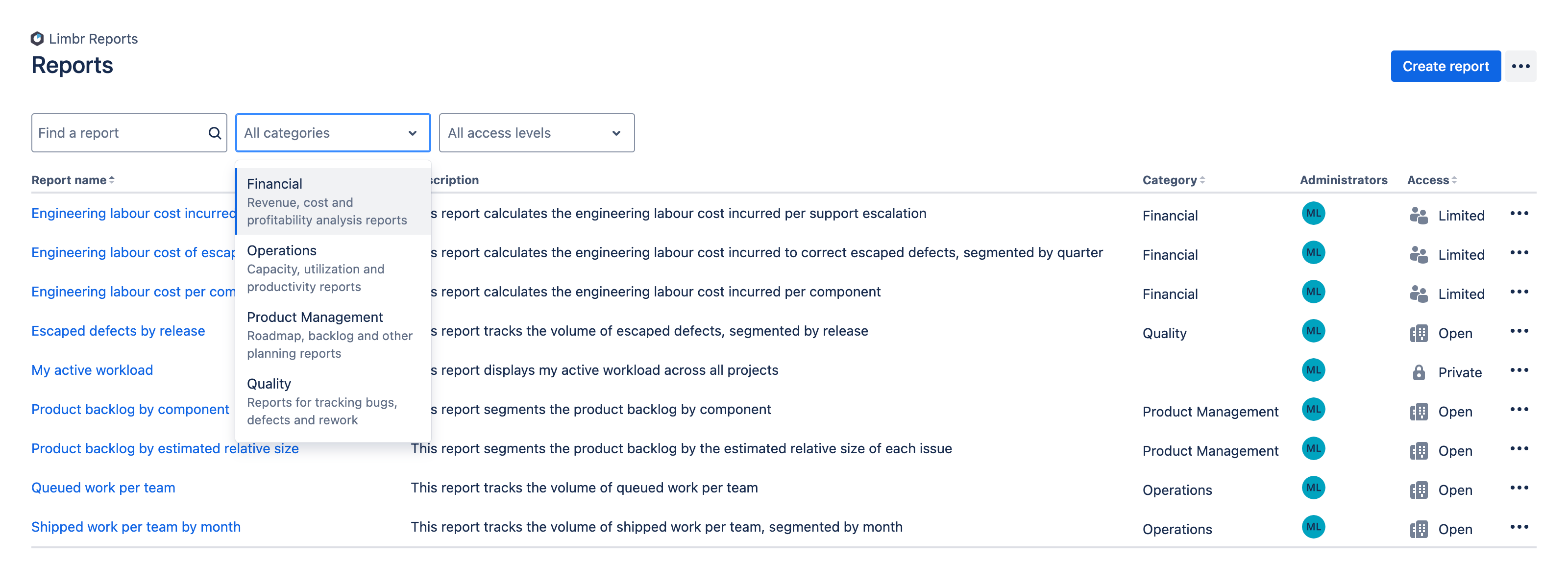 Reports screen displaying a list of reports with the category filter menu open