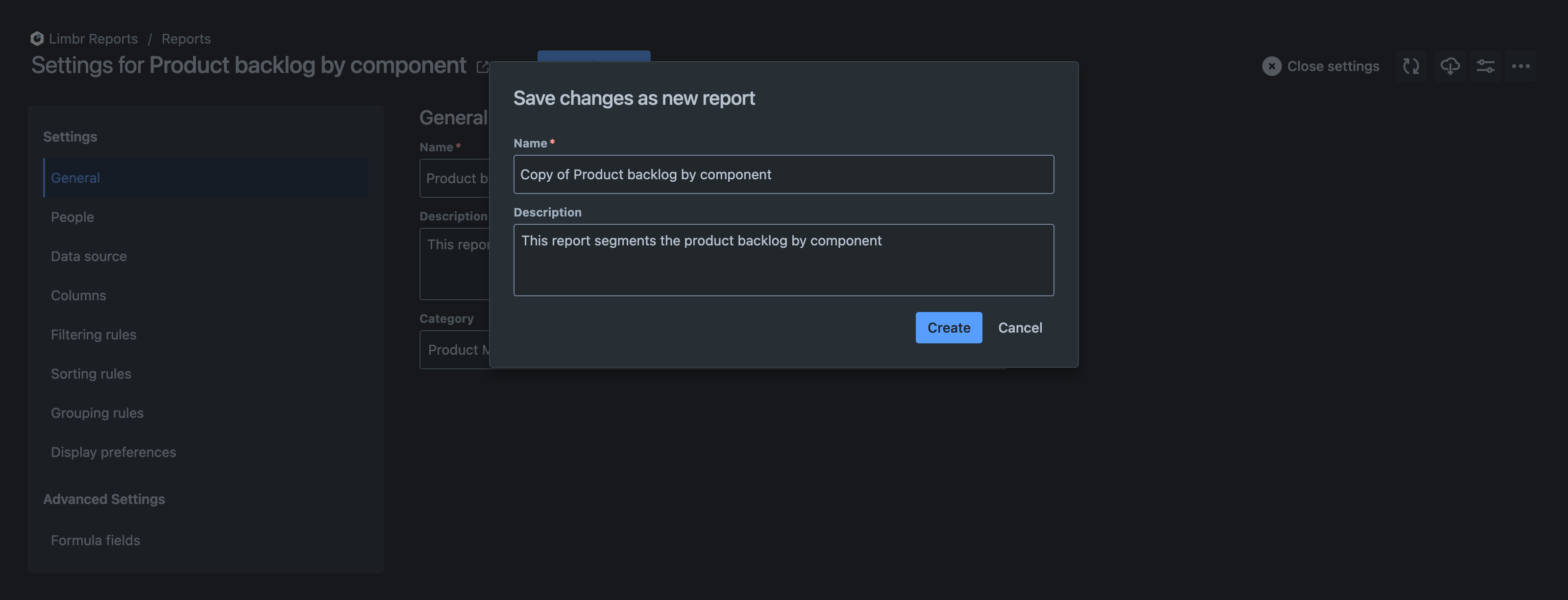 Save changes as new report dialog with 'Report name' and 'Description' fields prepopulated from the source report