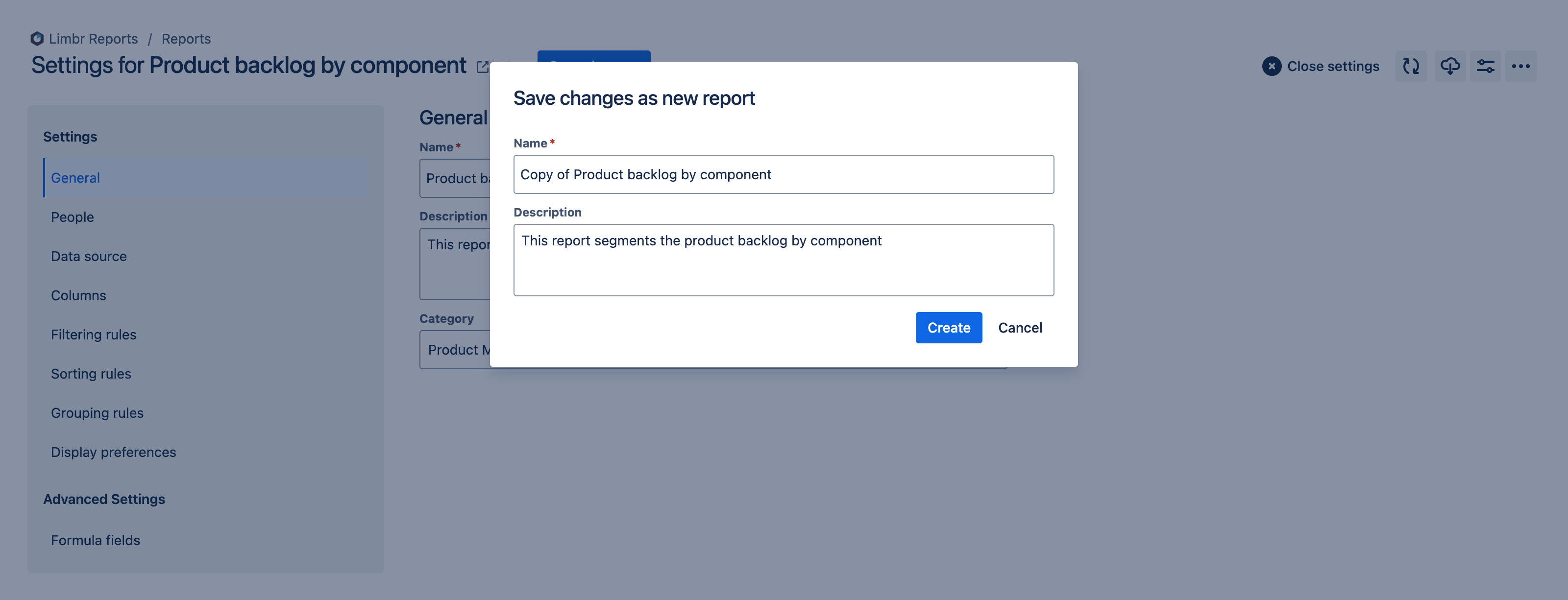 Save changes as new report dialog with 'Report name' and 'Description' fields prepopulated from the source report