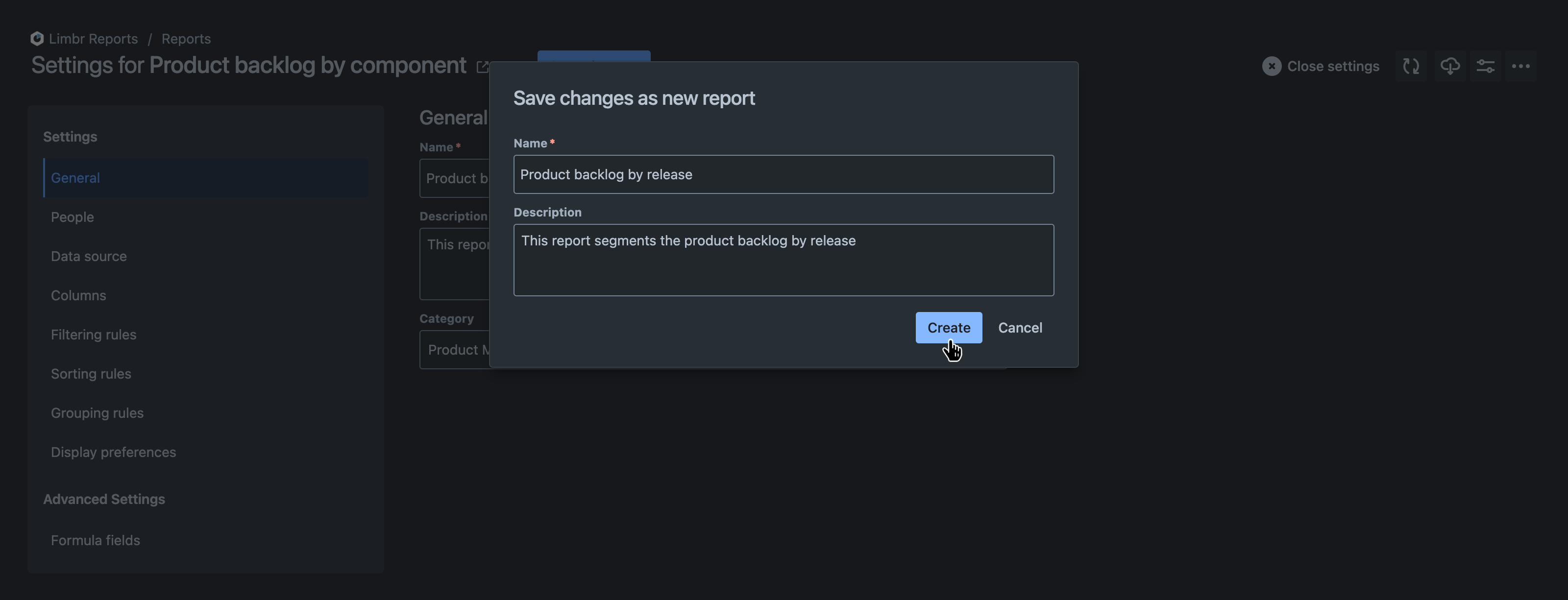 Save changes as new report dialog with all fields populated and the 'Create' button hovered