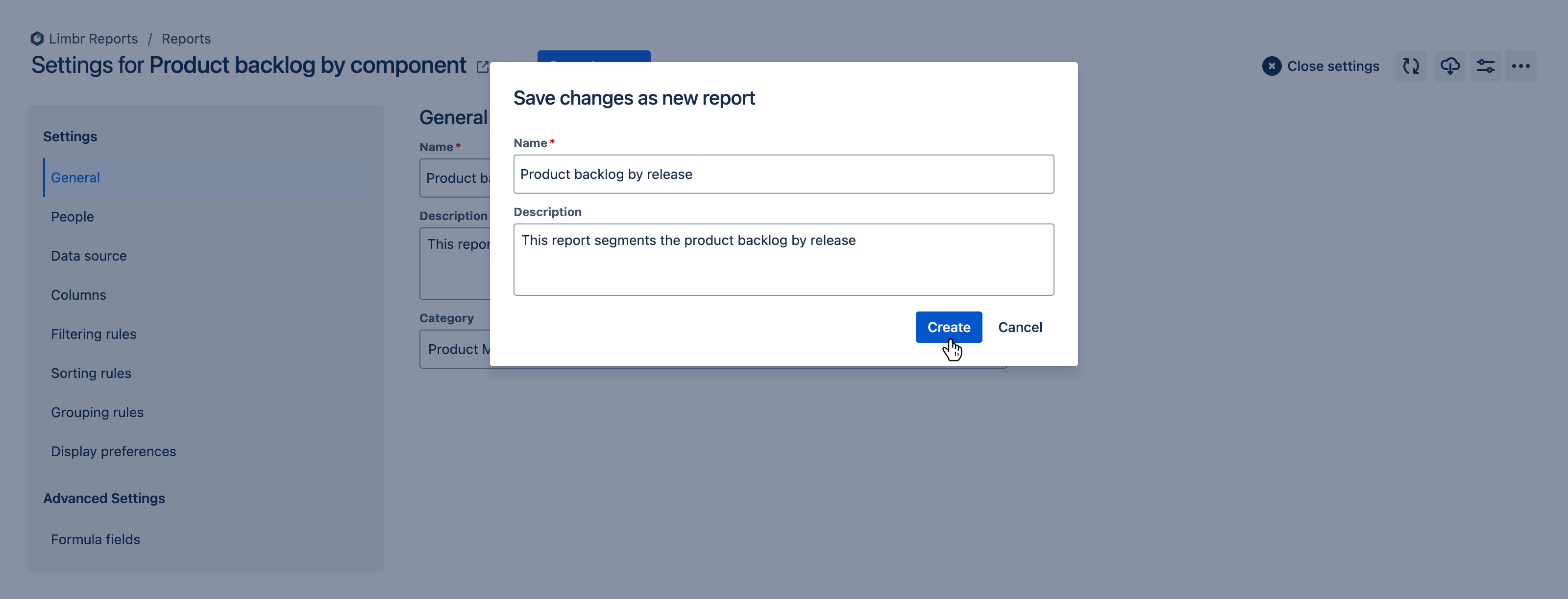 Save changes as new report dialog with all fields populated and the 'Create' button hovered