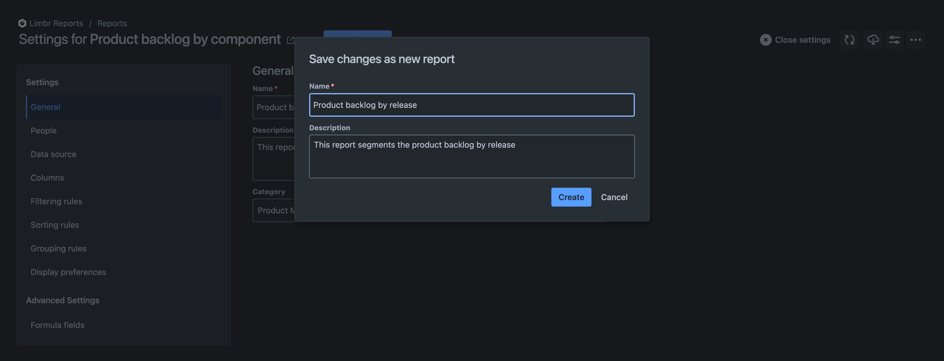 Save changes as new report dialog with 'Report name' and 'Description' fields edited