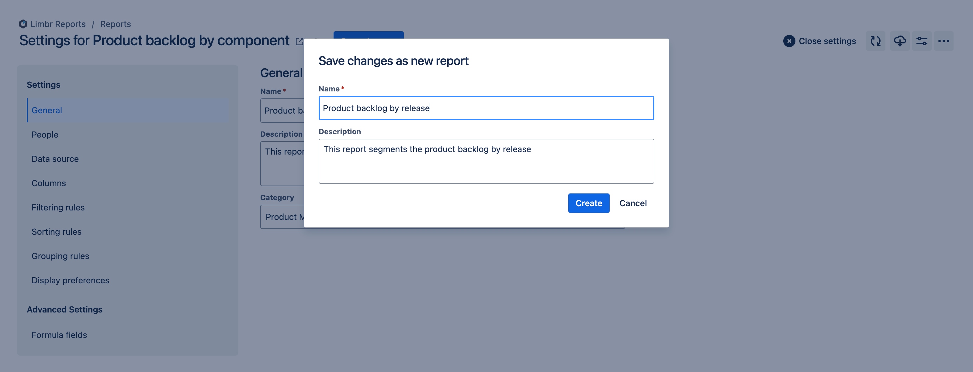 Save changes as new report dialog with 'Report name' and 'Description' fields edited