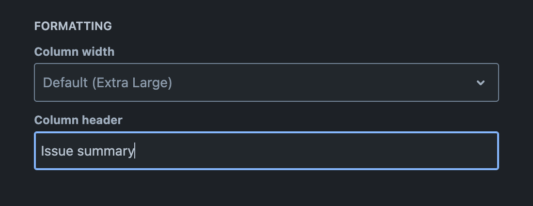 Formatting section with 'Column header' field populated