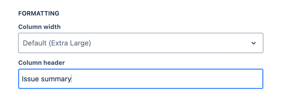 Formatting section with 'Column header' field populated