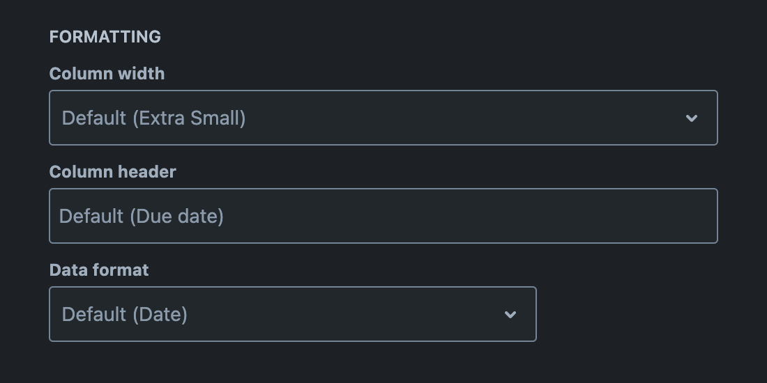 Formatting section with 'Data format' options available for a date field