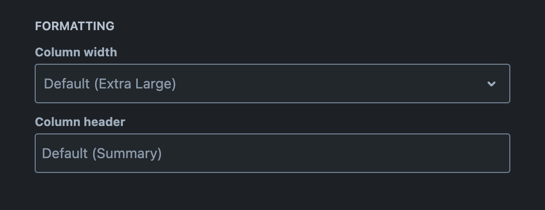 Formatting section with default values displayed