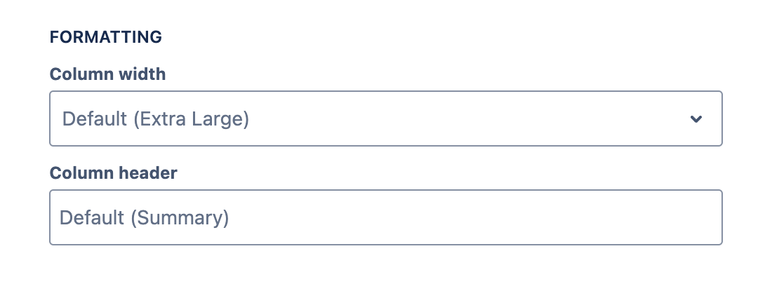 Formatting section with default values displayed