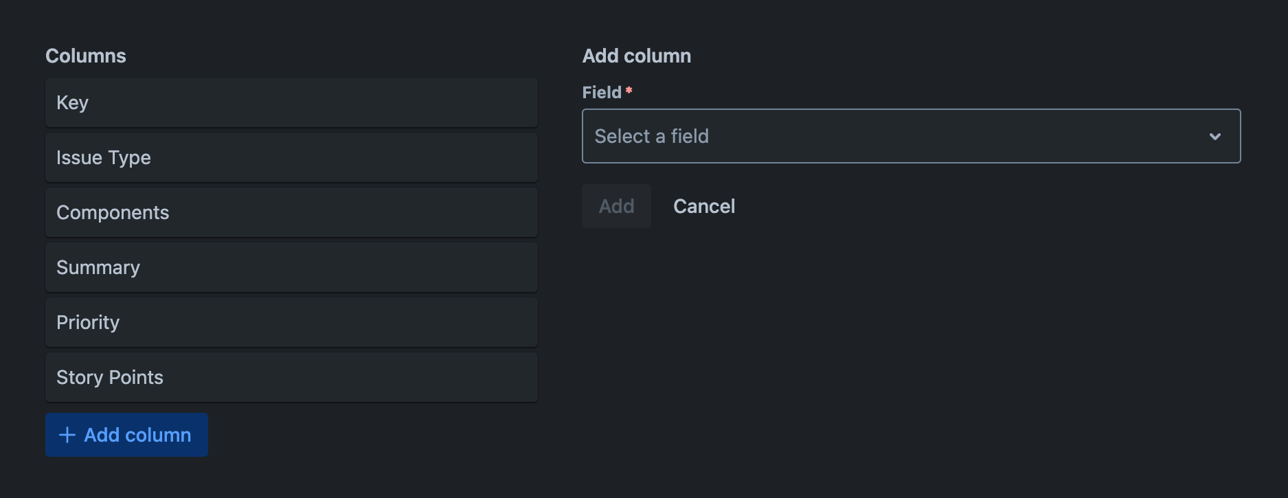 Columns tab with a new column being added