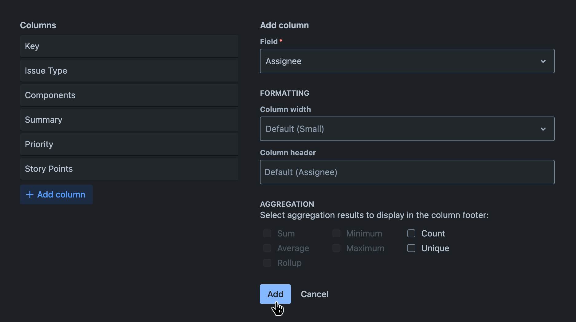 Columns tab with a new column being added and the 'Add' button hovered