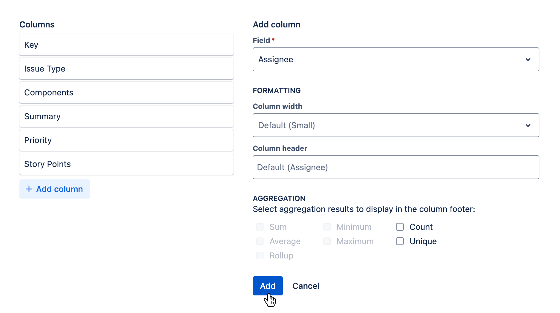 Columns tab with a new column being added and the 'Add' button hovered