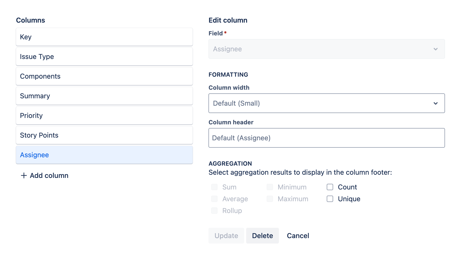 Columns tab with a new column added and the new column's settings displayed for editing