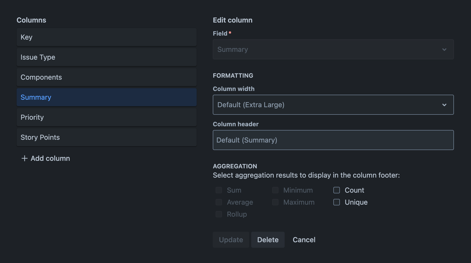 Columns tab with an existing column being edited