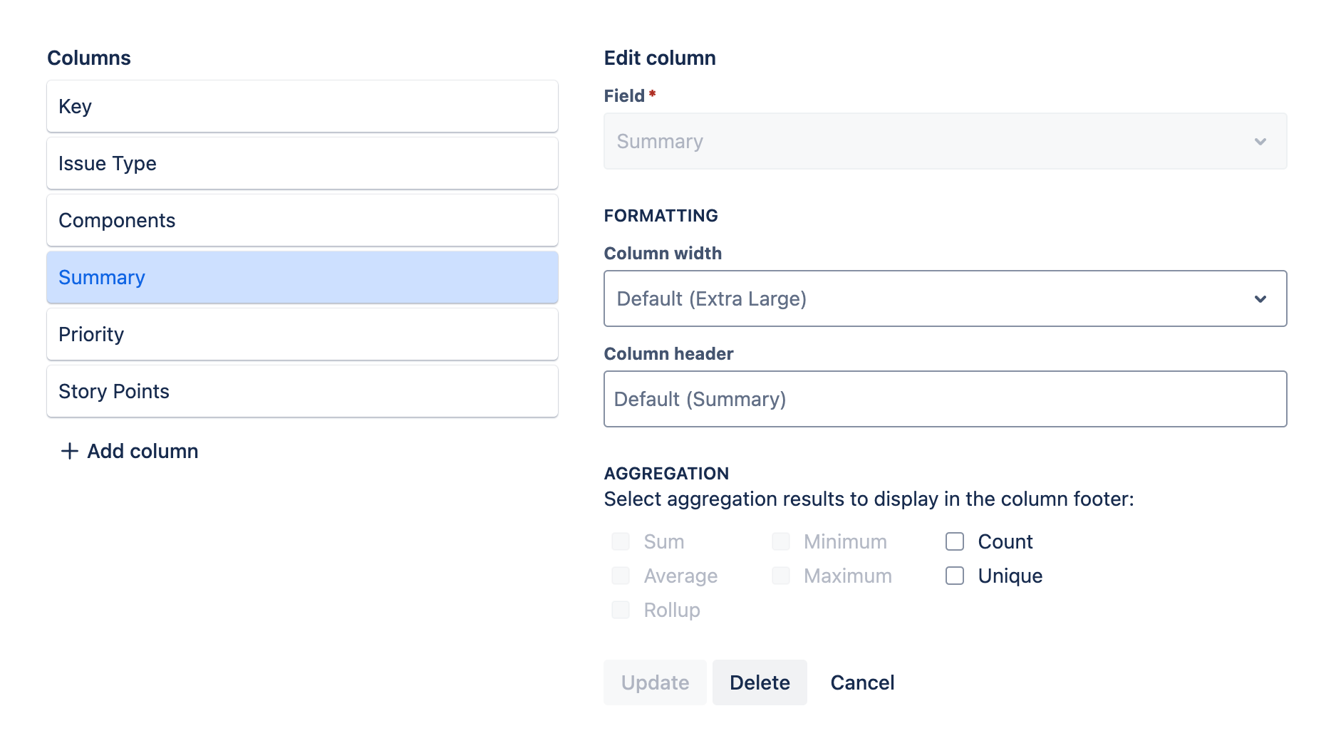 Columns tab with an existing column being edited