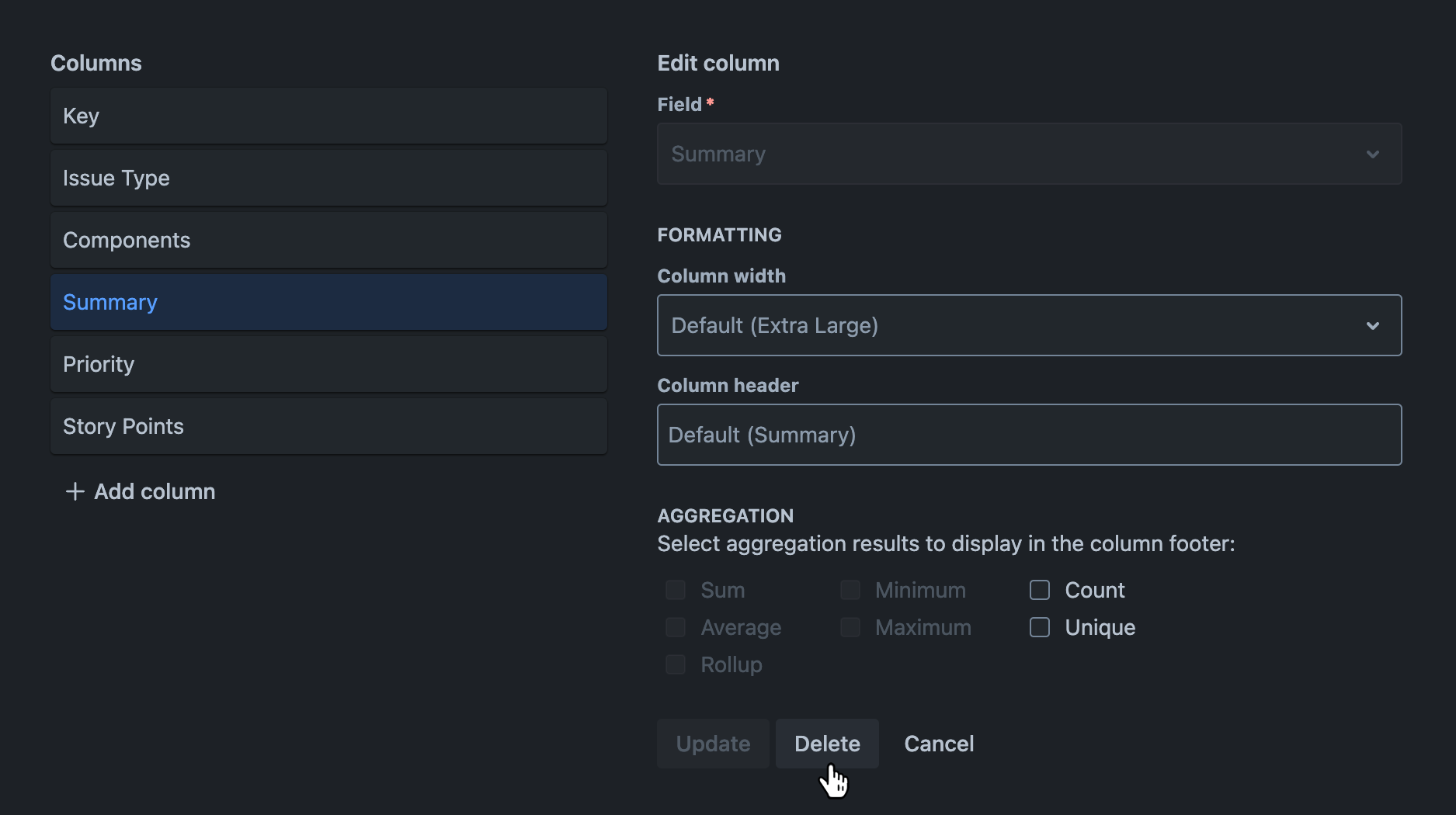 Columns tab with an existing column being edited and the 'Delete' button hovered