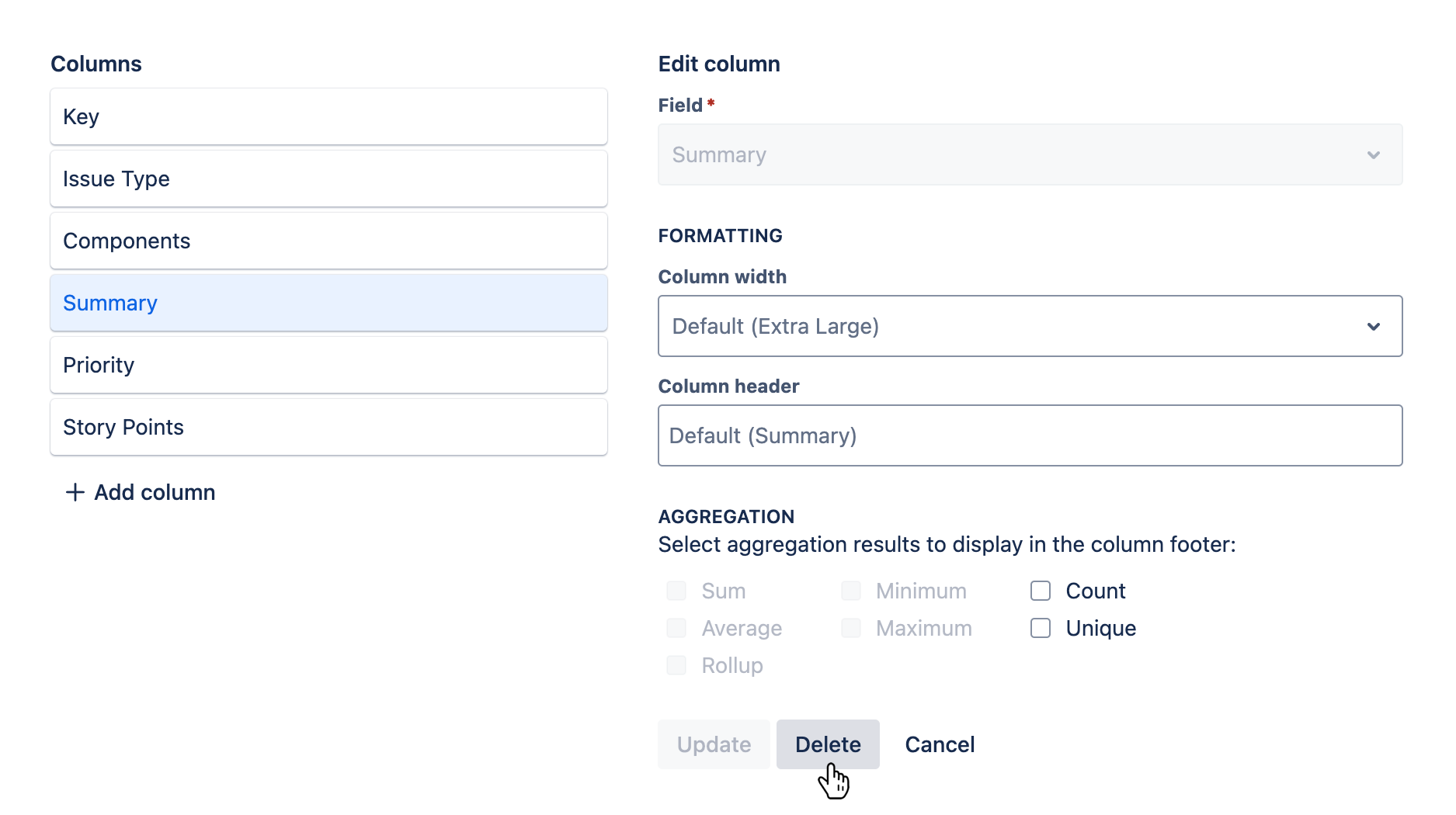 Columns tab with an existing column being edited and the 'Delete' button hovered