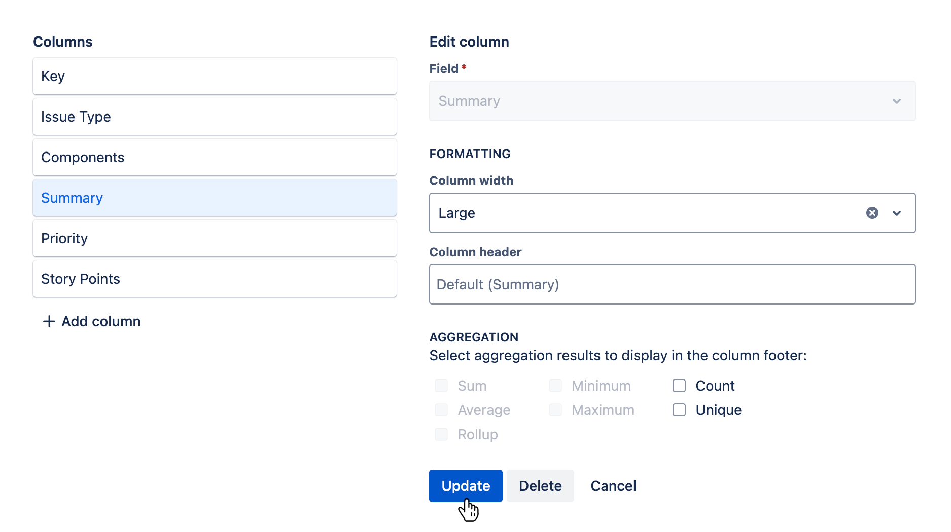 Columns tab with an existing column being edited and the 'Update' button hovered