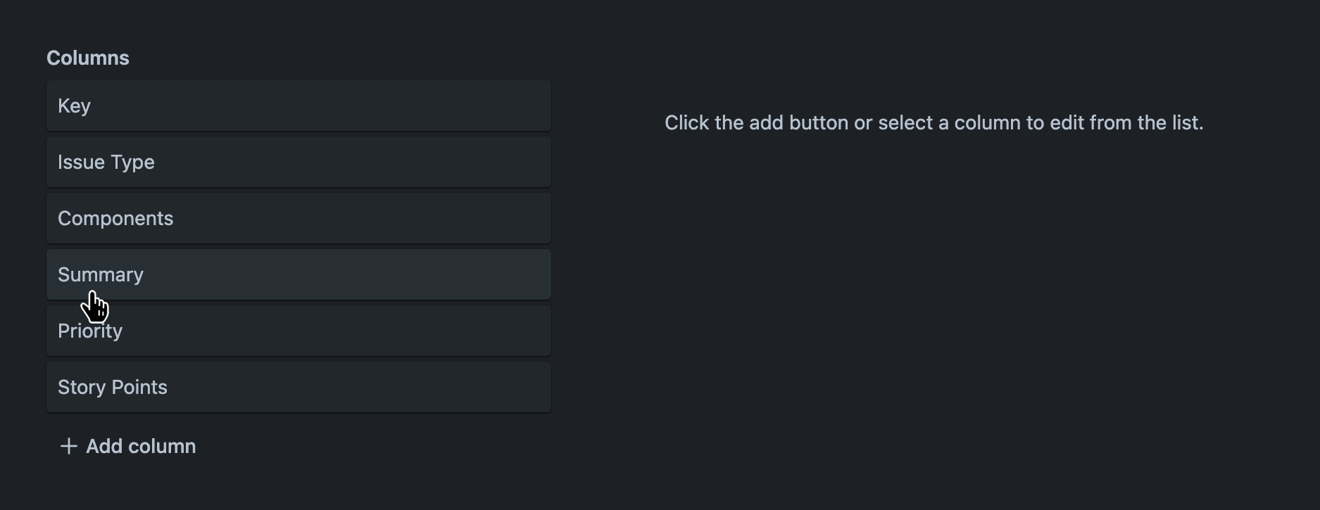 Columns tab with an existing column hovered