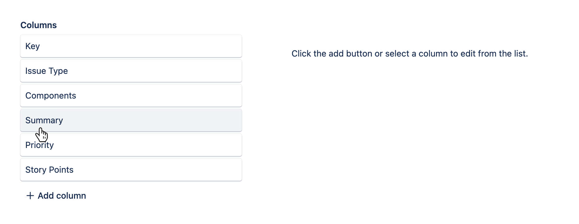 Columns tab with an existing column hovered