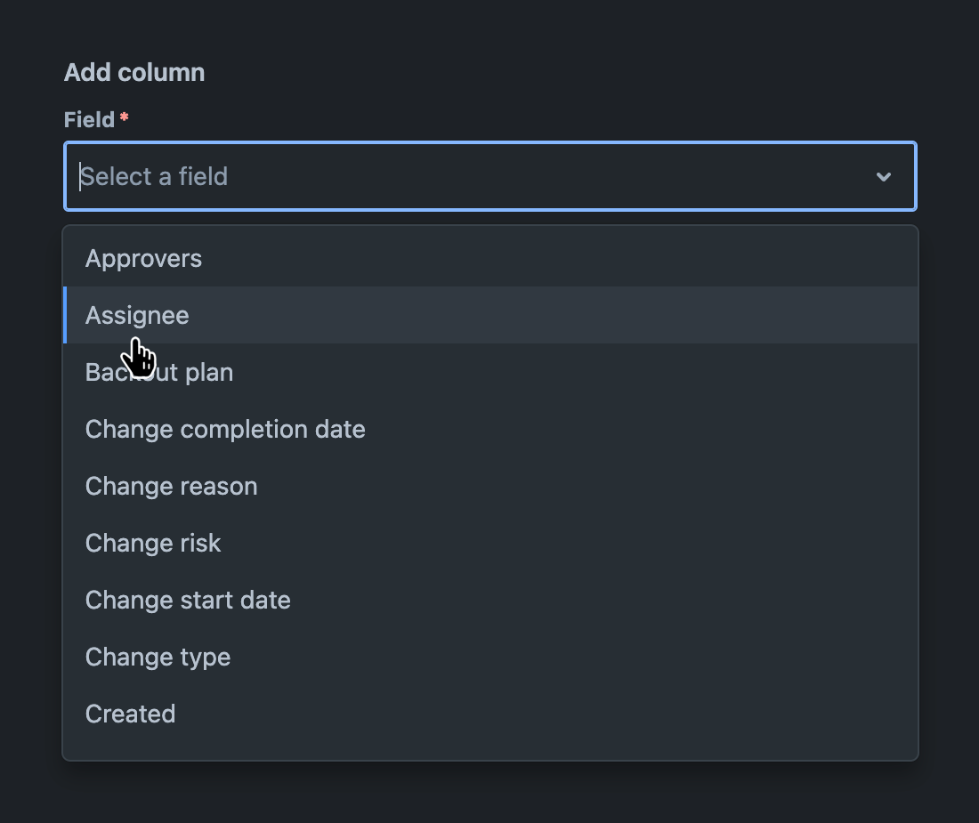 'Field' field with dropdown menu open and a field selected