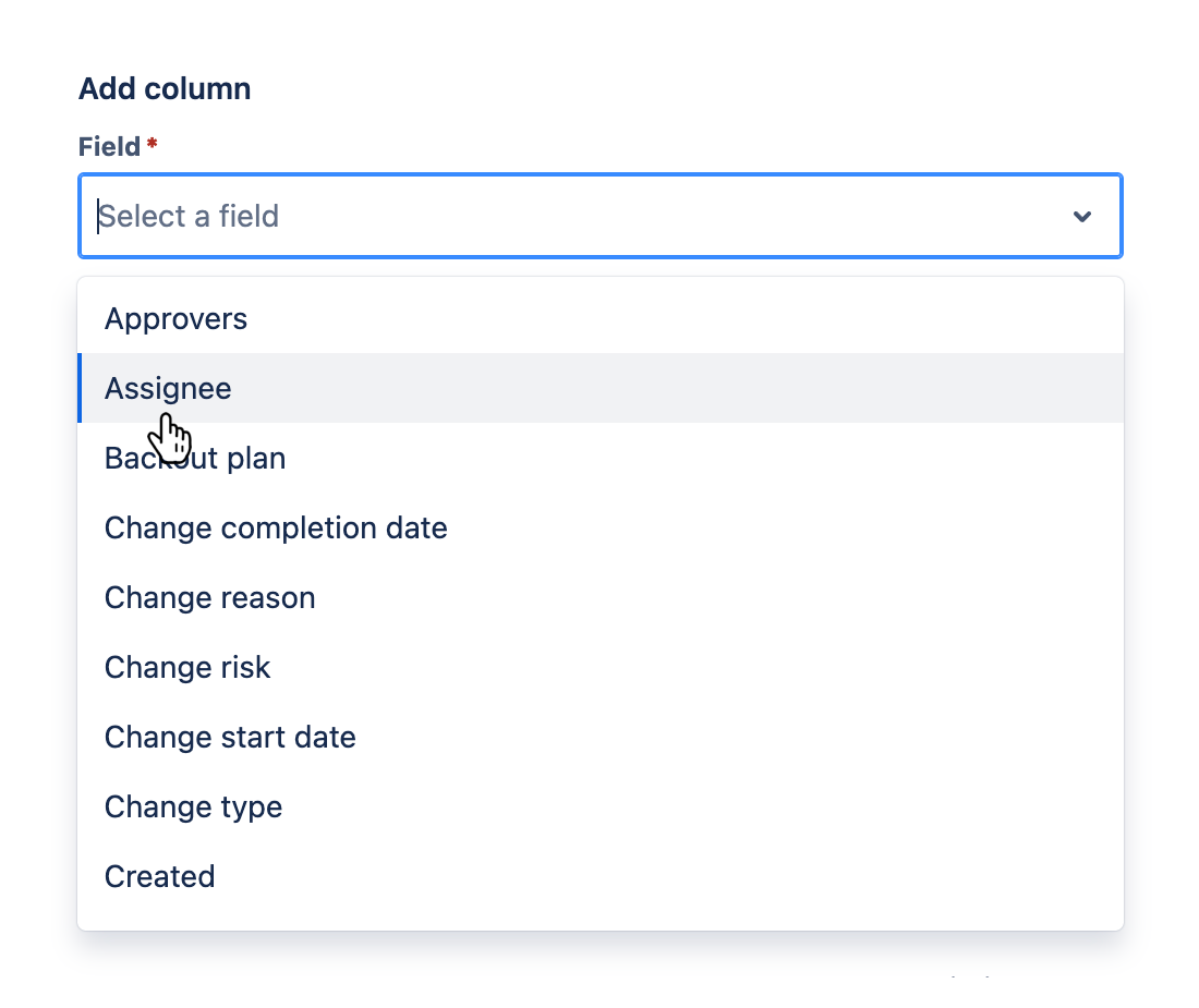 'Field' field with dropdown menu open and a field selected