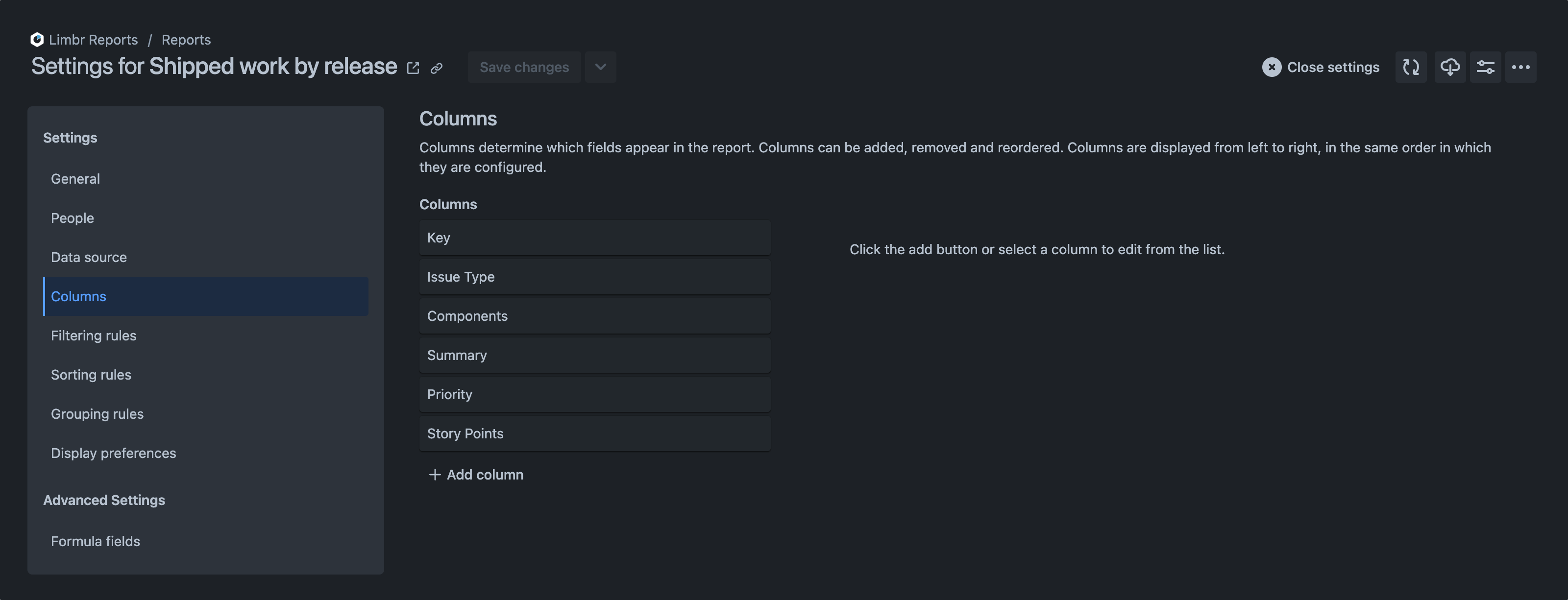 Settings pane with the 'Columns' tab selected