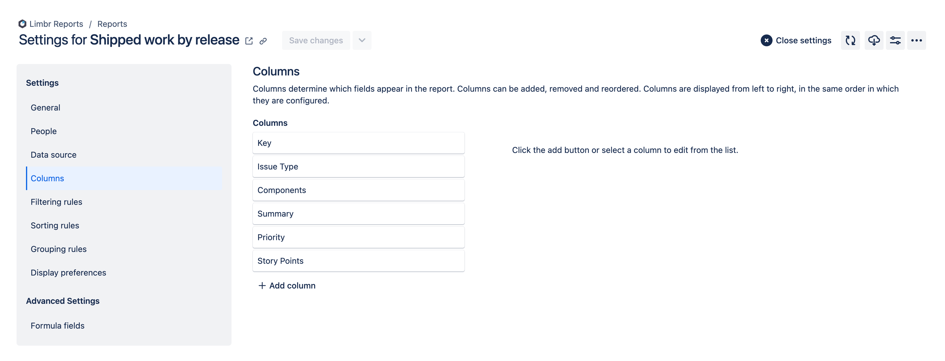 Settings pane with the 'Columns' tab selected