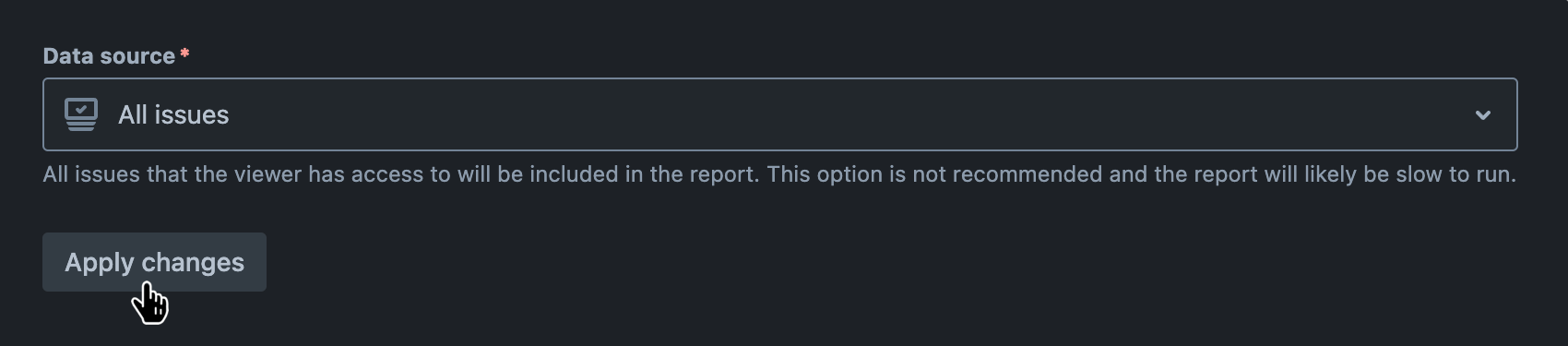 'Data source' field with 'All issues' selected and the 'Apply changes' button hovered