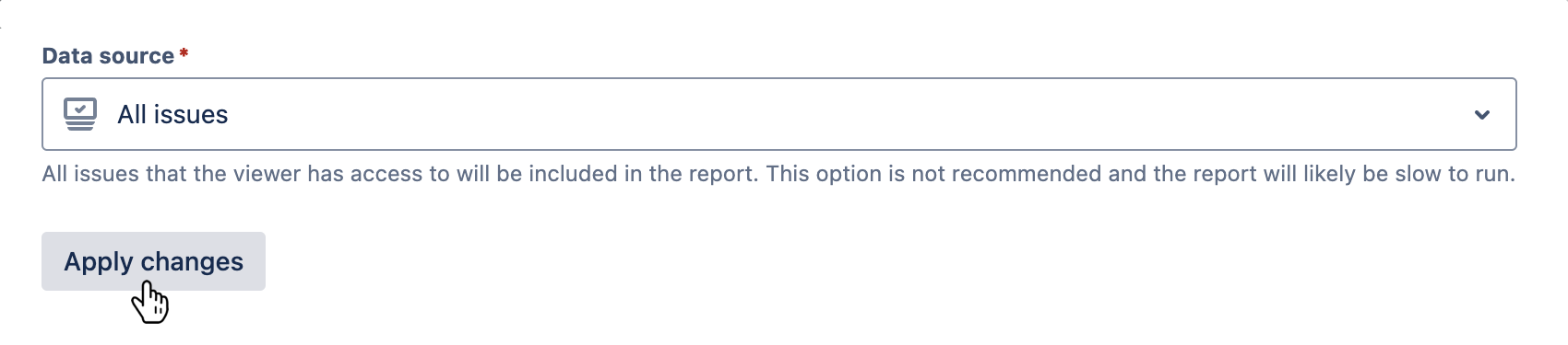 'Data source' field with 'All issues' selected and the 'Apply changes' button hovered