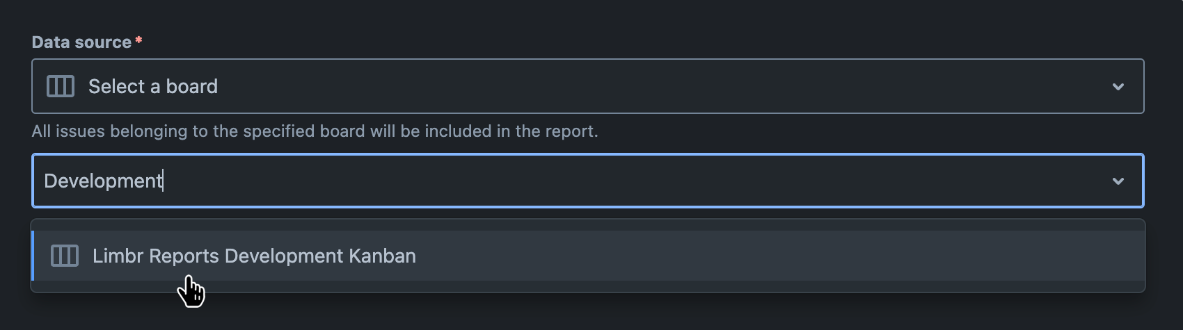 'Data source' field with 'Select a board' selected and the 'Board' field visible with dropdown menu open and a board selected