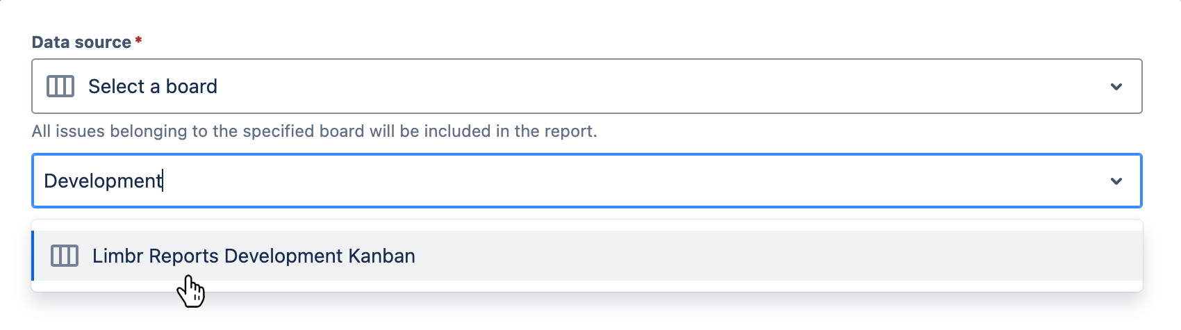 'Data source' field with 'Select a board' selected and the 'Board' field visible with dropdown menu open and a board selected