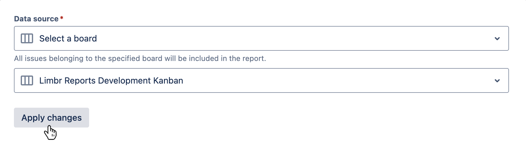 'Data source' field with 'Select a board' selected, a board selected, and the 'Apply changes' button hovered