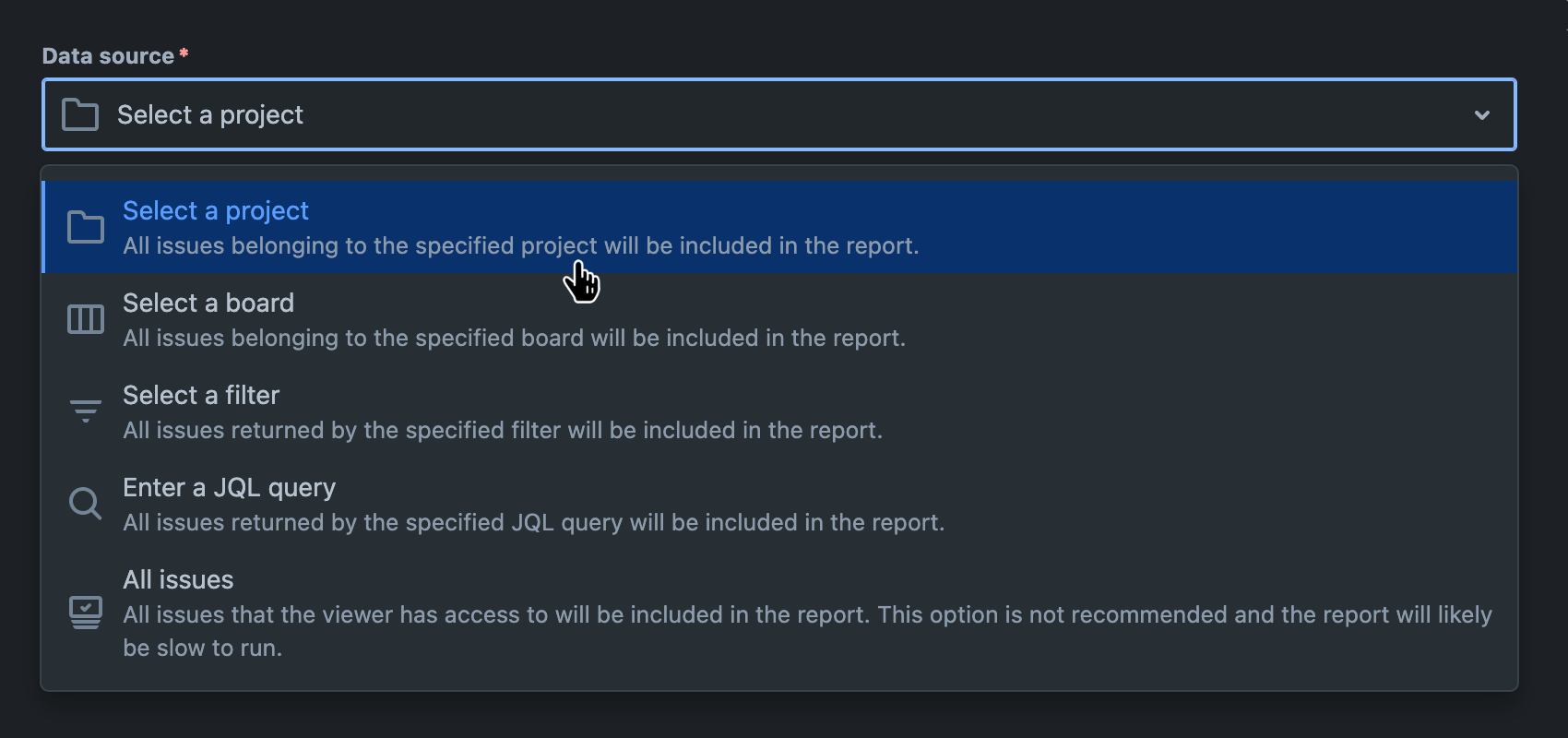 'Data source' field with dropdown menu open and a data source selected