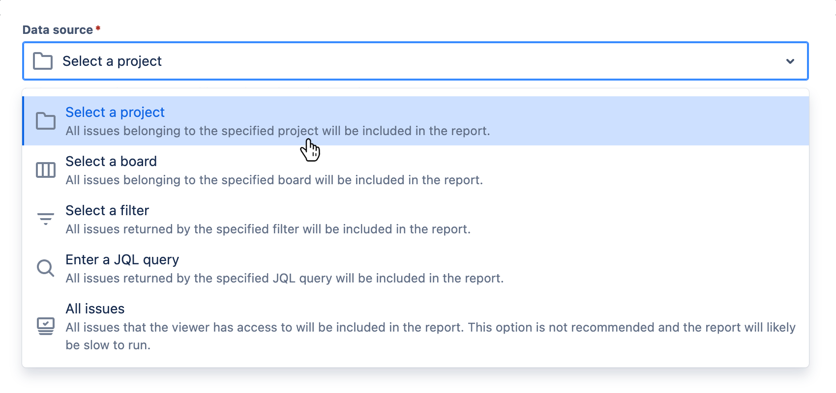 'Data source' field with dropdown menu open and a data source selected