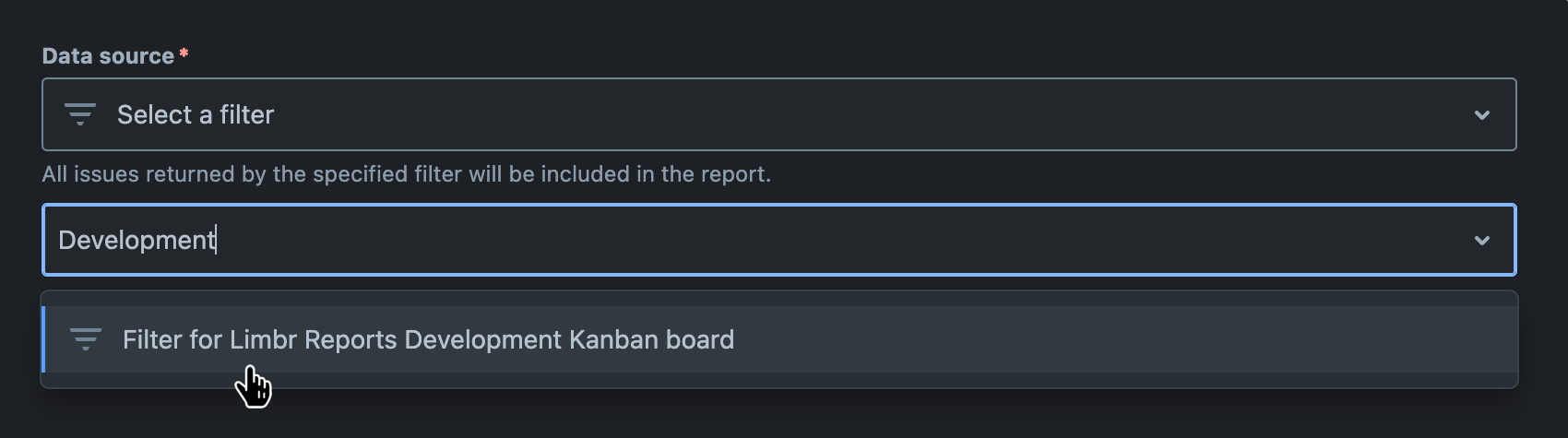 'Data source' field with 'Select a filter' selected and the 'Filter' field visible with dropdown menu open and a filter selected