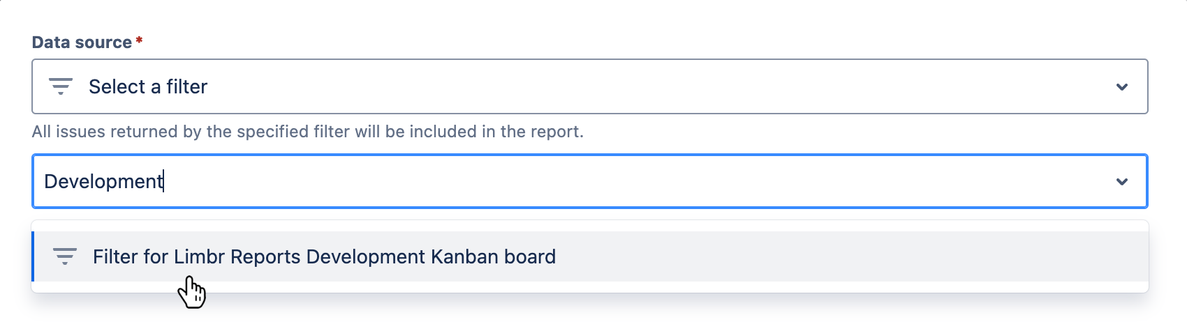 'Data source' field with 'Select a filter' selected and the 'Filter' field visible with dropdown menu open and a filter selected