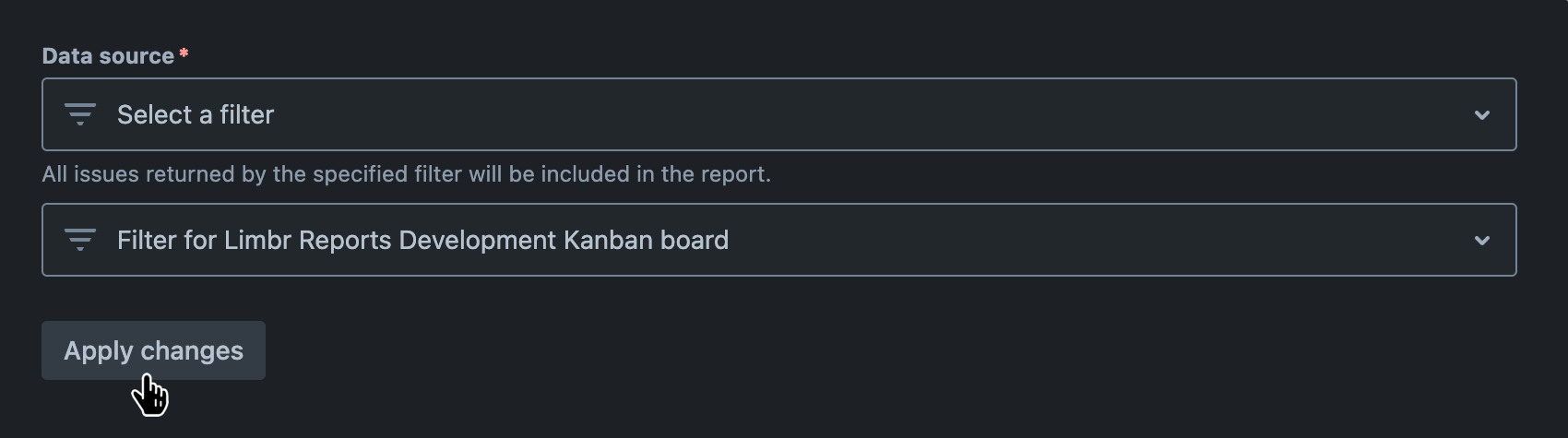 'Data source' field with 'Select a filter' selected, a filter selected, and the 'Apply changes' button hovered