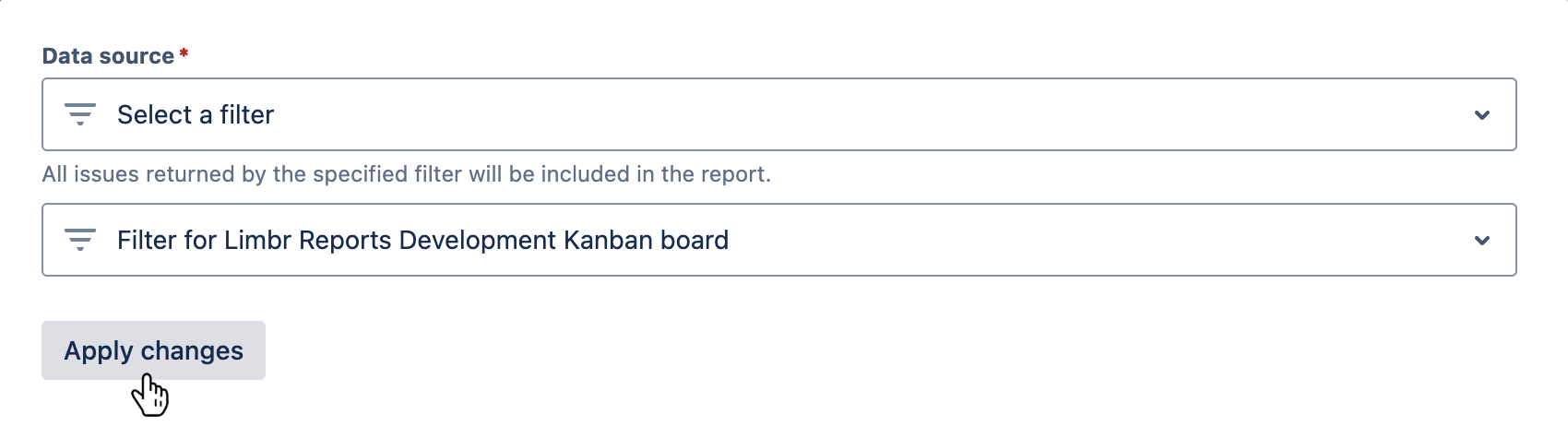 'Data source' field with 'Select a filter' selected, a filter selected, and the 'Apply changes' button hovered