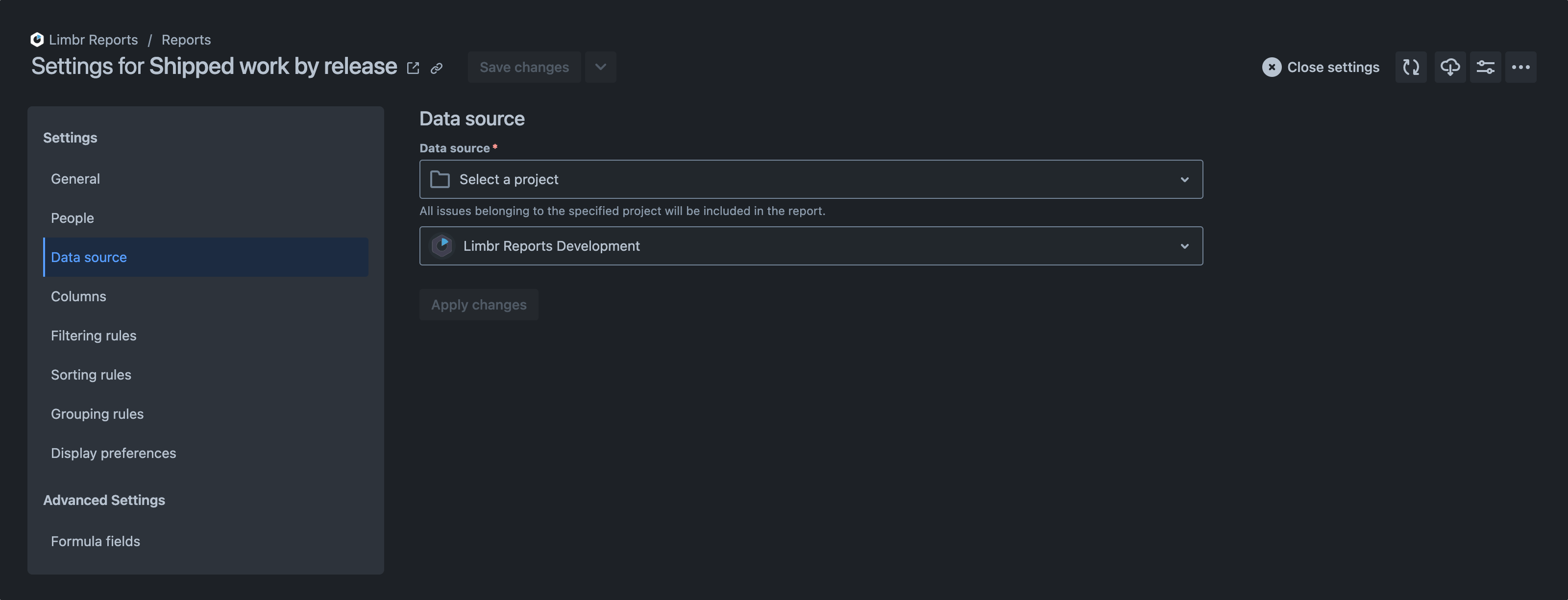 Settings pane with the 'Data source' tab selected