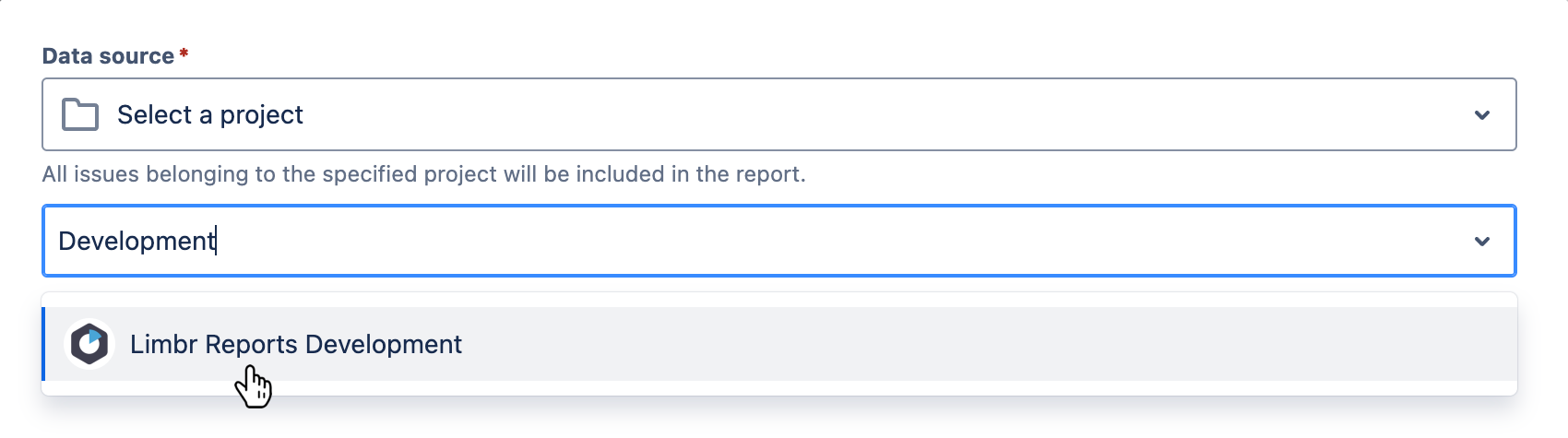 'Data source' field with 'Select a project' selected and the 'Project' field visible with dropdown menu open and a project selected