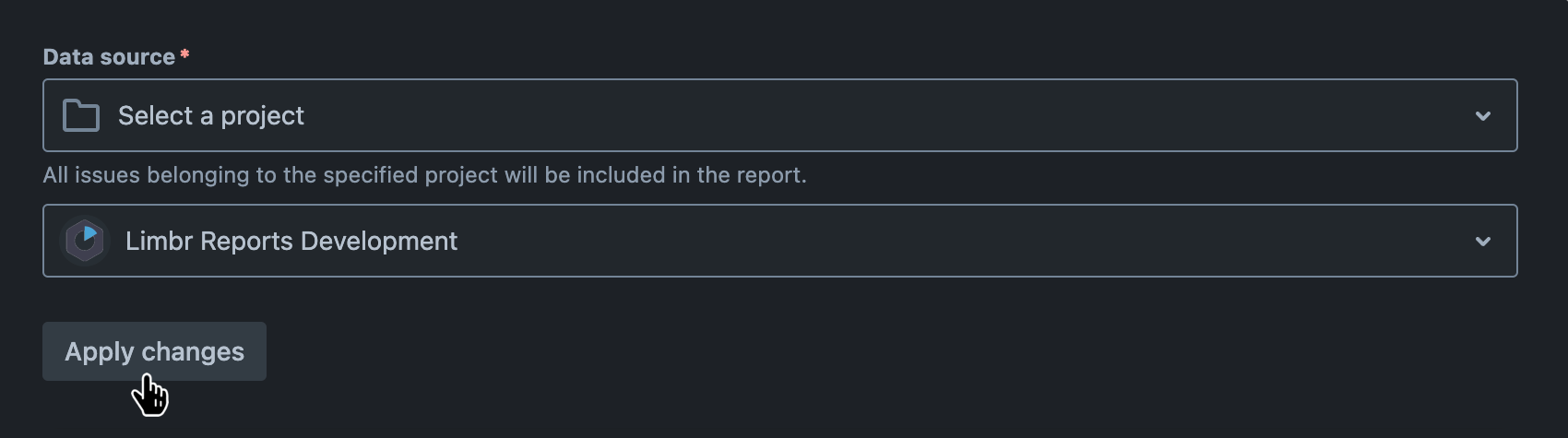 'Data source' field with 'Select a project' selected, a project selected, and the 'Apply changes' button hovered