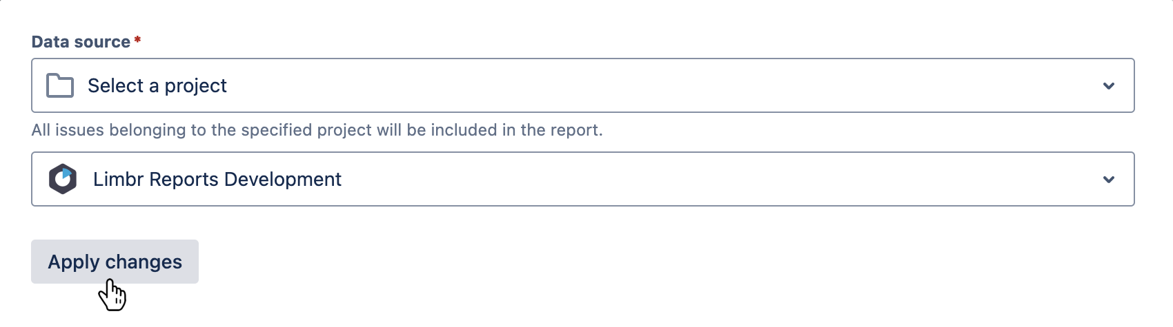 'Data source' field with 'Select a project' selected, a project selected, and the 'Apply changes' button hovered