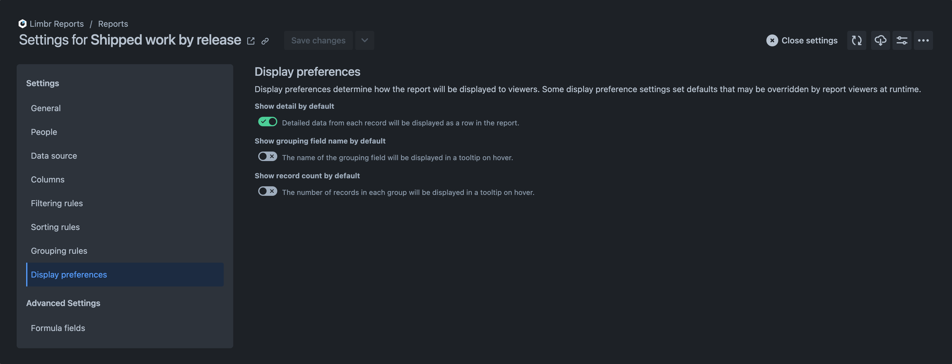 Settings pane with the 'Display preferences' tab selected