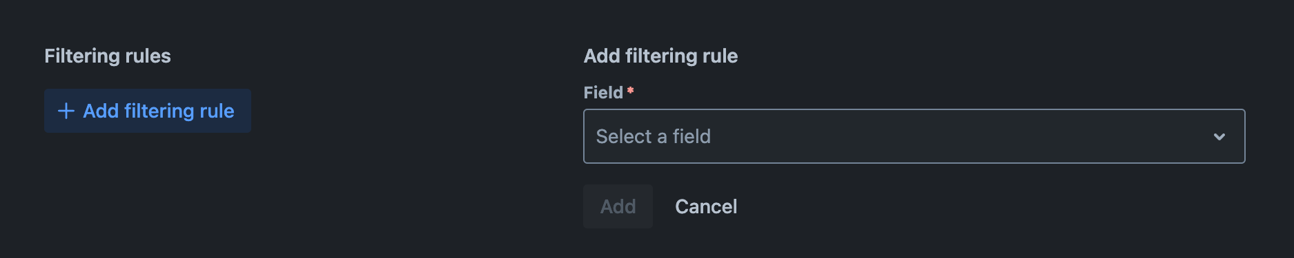 Filtering rules tab with a new filtering rule being added