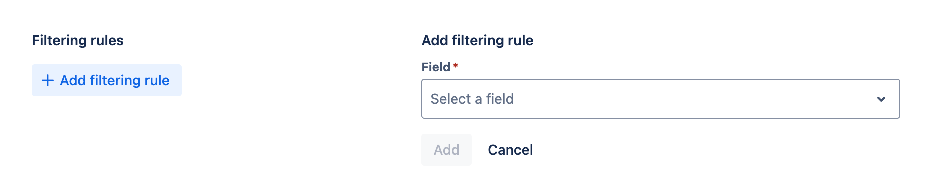 Filtering rules tab with a new filtering rule being added